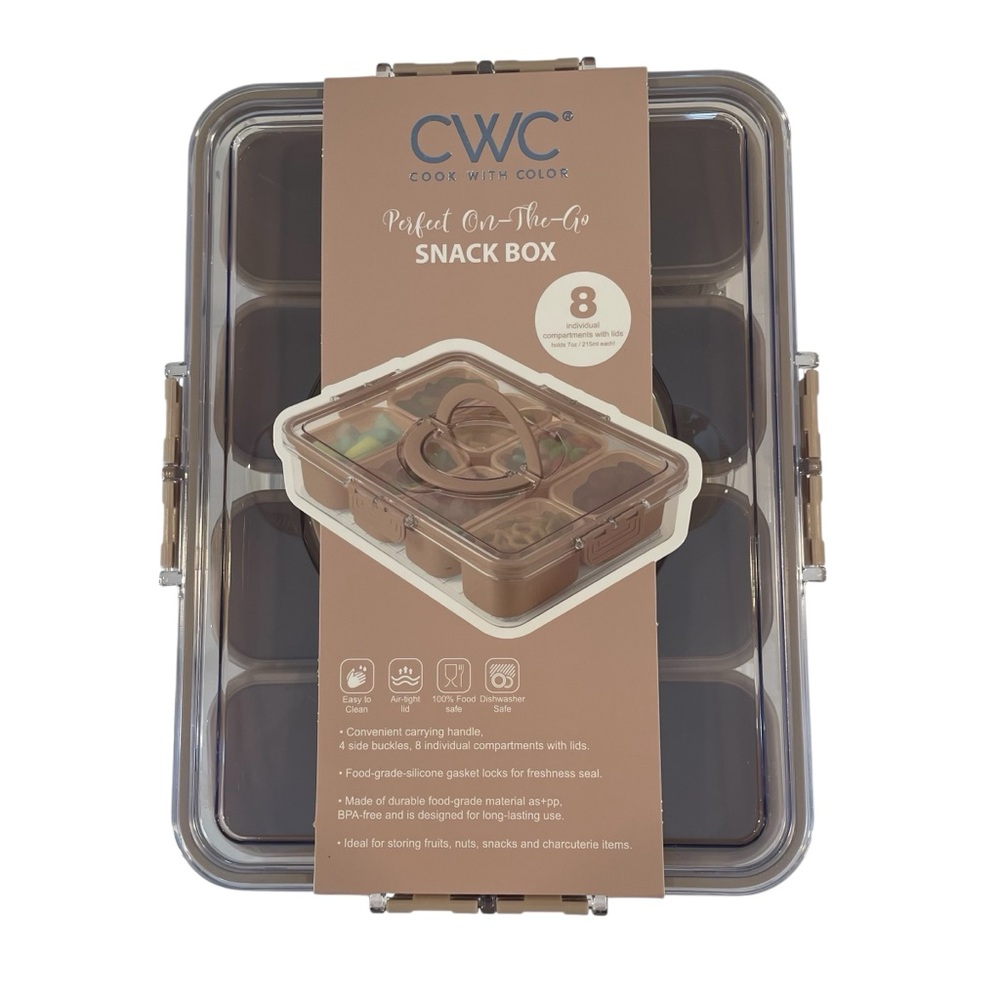 CWC Cook With Color Snack Box Mocha Brand New 8-7oz Compartment W/Lid Handle